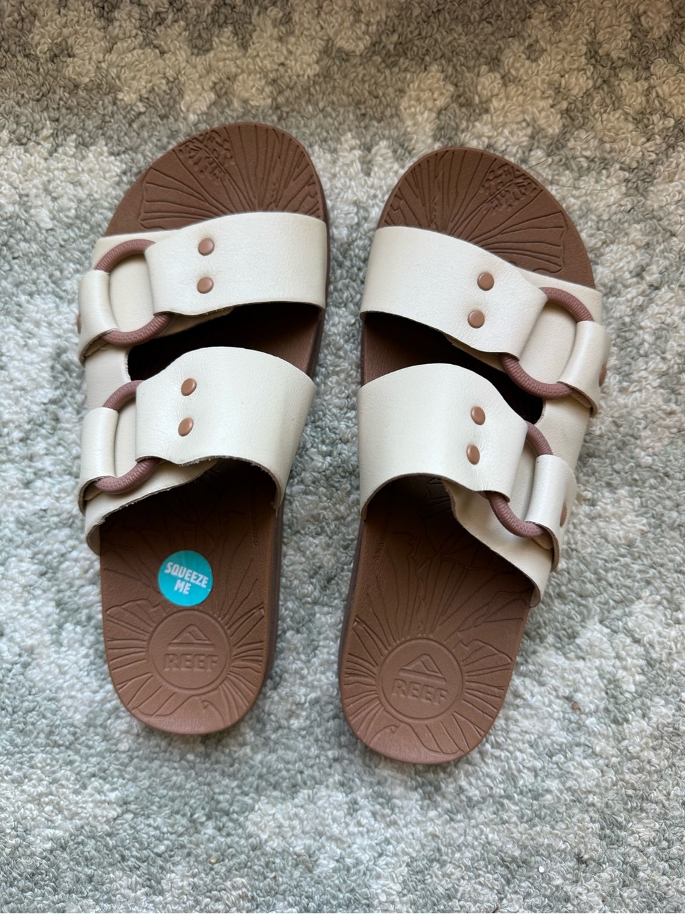Reef Women’s Cream Double-Strap Slide Sandals with Brown Footbed